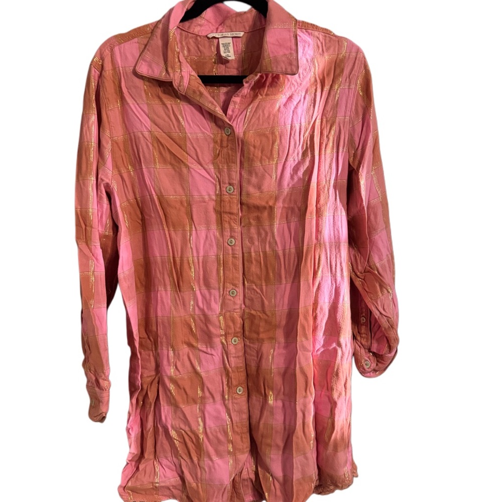 Victoria's Secret Pink and Gold Plaid Satin Long Sleeve Sleep Shirt